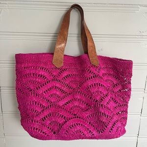 Mar Y Sol Pink Woven Beach Bag with Leather Handles 21x13”